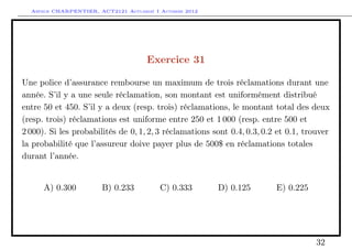 Arthur CHARPENTIER, ACT2121 Actuariat I Automne 2012




                                      Exercice 31

Une police d’assurance rembourse un maximum de trois réclamations durant une
année. S’il y a une seule réclamation, son montant est uniformément distribué
entre 50 et 450. S’il y a deux (resp. trois) réclamations, le montant total des deux
(resp. trois) réclamations est uniforme entre 250 et 1 000 (resp. entre 500 et
2 000). Si les probabilités de 0, 1, 2, 3 réclamations sont 0.4, 0.3, 0.2 et 0.1, trouver
la probabilité que l’assureur doive payer plus de 500$ en réclamations totales
durant l’année.


      A) 0.300          B) 0.233          C) 0.333       D) 0.125        E) 0.225




                                                                                     32
 