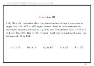 Arthur CHARPENTIER, ACT2121 Actuariat I Automne 2012




                                      Exercice 40

Richy Rich place sa fortune dans trois investissements indépendants dans les
proportions 25%, 43% et 32% respectivement. Pour les investissements les
rendements annuels aléatoires R1 , R2 et R3 sont de moyennes 10%, 15% et 13%
et d’écart-types 8%, 12% et 10%. Trouver l’écart-type du rendement annuel sur
la fortune de Richy Rich.



     A) 12.7%           B) 13.1%           C) 11.8%      D) 6.4%   E) 3.7%




                                                                             41
 