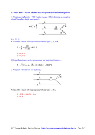 IUT Nancy-Brabois Fabrice Sincère http://pagesperso-orange.fr/fabrice.sincere Page 5 / 7
Exercice Tri02 : réseau triphasé avec récepteur équilibré et déséquilibré
1- Un réseau triphasé (U = 400 V entre phases, 50 Hz) alimente un récepteur
résistif (couplage étoile sans neutre) :
R = 50 Ω
Calculer les valeurs efficaces des courants de ligne I1, I2, et I3.
I1 = A62,4
503
400
R
V
=
×
=
I2 = 4,62 A
I3 = 4,62 A
Calculer la puissance active consommée par les trois résistances :
P = W3200162,44003cosUI3 =×××=ϕ
2- Un court-circuit a lieu sur la phase 3 :
Calculer les valeurs efficaces des courants de ligne I1 et I2.
I1 = U/R = 400/50 = 8 A
I2 = 8 A
 