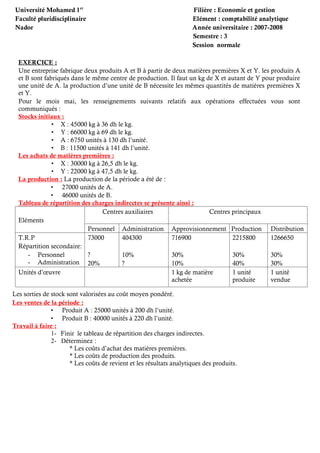 Université Mohamed 1er
Filière : Economie et gestion
Faculté pluridisciplinaire Elément : comptabilité analytique
Nador Année universitaire : 2007-2008
Semestre : 3
Session normale
EXERCICE :
Une entreprise fabrique deux produits A et B à partir de deux matières premières X et Y. les produits A
et B sont fabriqués dans le même centre de production. Il faut un kg de X et autant de Y pour produire
une unité de A. la production d’une unité de B nécessite les mêmes quantités de matières premières X
et Y.
Pour le mois mai, les renseignements suivants relatifs aux opérations effectuées vous sont
communiqués :
Stocks initiaux :
 X : 45000 kg à 36 dh le kg.
 Y : 66000 kg à 69 dh le kg.
 A : 6750 unités à 130 dh l’unité.
 B : 11500 unités à 141 dh l’unité.
Les achats de matières premières :
 X : 30000 kg à 26,5 dh le kg.
 Y : 22000 kg à 47,5 dh le kg.
La production : La production de la période a été de :
 27000 unités de A.
 46000 unités de B.
Tableau de répartition des charges indirectes se présente ainsi :
Eléments
Centres auxiliaires Centres principaux
Personnel Administration Approvisionnement Production Distribution
T.R.P
Répartition secondaire:
- Personnel
- Administration
73000
?
20%
404300
10%
?
716900
30%
10%
2215800
30%
40%
1266650
30%
30%
Unités d’œuvre 1 kg de matière
achetée
1 unité
produite
1 unité
vendue
Les sorties de stock sont valorisées au coût moyen pondéré.
Les ventes de la période :
 Produit A : 25000 unités à 200 dh l’unité.
 Produit B : 40000 unités à 220 dh l’unité.
Travail à faire :
1- Finir le tableau de répartition des charges indirectes.
2- Déterminez :
* Les coûts d’achat des matières premières.
* Les coûts de production des produits.
* Les coûts de revient et les résultats analytiques des produits.
 