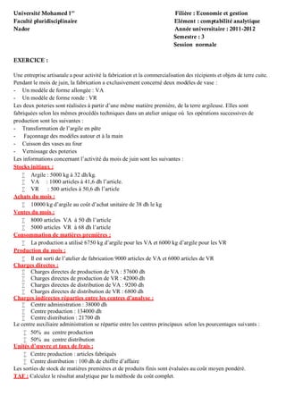 Université Mohamed 1er
Filière : Economie et gestion
Faculté pluridisciplinaire Elément : comptabilité analytique
Nador Année universitaire : 2011-2012
Semestre : 3
Session normale
EXERCICE :
Une entreprise artisanale a pour activité la fabrication et la commercialisation des récipients et objets de terre cuite.
Pendant le mois de juin, la fabrication a exclusivement concerné deux modèles de vase :
- Un modèle de forme allongée : VA
- Un modèle de forme ronde : VR
Les deux poteries sont réalisées à partir d’une même matière première, de la terre argileuse. Elles sont
fabriquées selon les mêmes procédés techniques dans un atelier unique où les opérations successives de
production sont les suivantes :
- Transformation de l’argile en pâte
- Façonnage des modèles autour et à la main
- Cuisson des vases au four
- Vernissage des poteries
Les informations concernant l’activité du mois de juin sont les suivantes :
Stocks initiaux :
 Argile : 5000 kg à 32 dh/kg.
 VA : 1000 articles à 41,6 dh l’article.
 VR : 500 articles à 50,6 dh l’article
Achats du mois :
 10000 kg d’argile au coût d’achat unitaire de 38 dh le kg
Ventes du mois :
 8000 articles VA à 50 dh l’article
 5000 articles VR à 68 dh l’article
Consommation de matières premières :
 La production a utilisé 6750 kg d’argile pour les VA et 6000 kg d’argile pour les VR
Production du mois :
 Il est sorti de l’atelier de fabrication 9000 articles de VA et 6000 articles de VR
Charges directes :
 Charges directes de production de VA : 57600 dh
 Charges directes de production de VR : 42000 dh
 Charges directes de distribution de VA : 9200 dh
 Charges directes de distribution de VR : 6800 dh
Charges indirectes réparties entre les centres d’analyse :
 Centre administration : 38000 dh
 Centre production : 134000 dh
 Centre distribution : 21700 dh
Le centre auxiliaire administration se répartie entre les centres principaux selon les pourcentages suivants :
 50% au centre production
 50% au centre distribution
Unités d’œuvre et taux de frais :
 Centre production : articles fabriqués
 Centre distribution : 100 dh de chiffre d’affaire
Les sorties de stock de matières premières et de produits finis sont évaluées au coût moyen pondéré.
TAF : Calculez le résultat analytique par la méthode du coût complet.
 