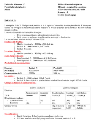 Université Mohamed 1er
Filière : Economie et gestion
Faculté pluridisciplinaire Elément : comptabilité analytique
Nador Année universitaire : 2007-2008
Semestre : 3
Session de rattrapage
EXERCICE :
L’entreprise PIRAX fabrique deux produits A et B à partir d’une même matière première M. L’entreprise
calcule ses coûts par la méthode des centres d’analyse et évalue les sorties par la méthode du coût unitaire
moyen pondéré.
Le service comptable de l’entreprise distingue :
- Deux centres auxiliaires : administration et entretien.
- Trois centres principaux : transformation, montage et distribution.
Les informations relatives au mois de Mars 2007 :
Stocks au 01-03-2007 :
 Matière première M : 2000 kg à 360 dh le kg.
 Produit A : 10000 unités 54,2 dh l’unité.
 Produit B : néant.
Les achats du mois:
 Matière première M : 8000 kg à 400 dh le kg.
Main d’œuvre directe:
 Pour le produit A : 50000 heures à 10 dh l’heure.
 Pour le produit B : 25000 heures à 12 dh l’heure.
Production et consommation :
Eléments Produit A Produit B
Production
Consommation de M
50000 unités
6000 kg
50059 unités
3000 kg
Les ventes :
- Produit A : 59000 unités à 150 dh l’unité.
- Produit B : la totalité de la production du produit B a été vendue au prix 100 dh l’unité.
Charges indirectes et unités d’œuvre :
Eléments
Centres auxiliaires Centres principaux
Administration Entretien Transformation Montage Distribution
T.R.P
Répartition secondaire:
- Administration
- Entretien
2000000
?
10%
400000
5%
?
2245557,9
25%
35%
1984045,4
30%
35%
1337908,8
40%
20%
Unités d’œuvre 1 kg de matière
consommée
1 heure de
MOD
1000 dh du
d’affaire
Travail à faire :
- Etablir le tableau de la répartition des charges indirectes.
- Calculez les résultats analytiques pour chacun des deux produits A et B.
 