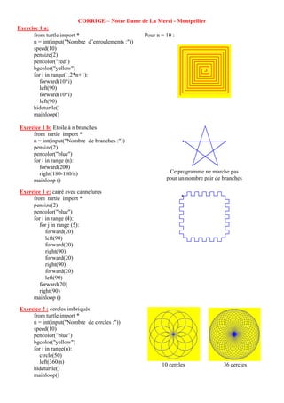 CORRIGE – Notre Dame de La Merci - Montpellier
Exercice 1 a:
from turtle import *
n = int(input("Nombre d’enroulements :"))
speed(10)
pensize(2)
pencolor("red")
bgcolor("yellow")
for i in range(1,2*n+1):
forward(10*i)
left(90)
forward(10*i)
left(90)
hideturtle()
mainloop()
Pour n = 10 :
Exercice 1 b: Etoile à n branches
from turtle import *
n = int(input("Nombre de branches :"))
pensize(2)
pencolor("blue")
for i in range (n):
forward(200)
right(180-180/n)
mainloop ()
Ce programme ne marche pas
pour un nombre pair de branches
Exercice 1 c: carré avec cannelures
from turtle import *
pensize(2)
pencolor("blue")
for i in range (4):
for j in range (5):
forward(20)
left(90)
forward(20)
right(90)
forward(20)
right(90)
forward(20)
left(90)
forward(20)
right(90)
mainloop ()
Exercice 2 : cercles imbriqués
from turtle import *
n = int(input("Nombre de cercles :"))
speed(10)
pencolor("blue")
bgcolor("yellow")
for i in range(n):
circle(50)
left(360/n)
hideturtle()
mainloop()
10 cercles 36 cercles
 