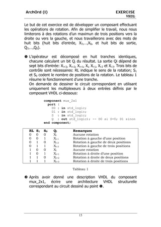 ArchOrd (I)                                                   EXERCISE
                                                                  VHDL

Le but de cet exercice est de développer un composant effectuant
les opérations de rotation. Afin de simplifier le travail, nous nous
limiterons à des rotations d’un maximun de trois positions vers la
droite ou vers la gauche, et nous travaillerons avec des mots de
huit bits (huit bits d’entrée, X7,…,X0, et huit bits de sortie,
Q7,…,Q0).

  L’opérateur est décomposé en huit tranches identiques,
  chacune calculant un bit Qi du résultat. La sortie Qi dépend de
  sept bits d’entrée: Xi+3, Xi+2, Xi+1, Xi, Xi-1, Xi-2 et Xi-3. Trois bits de
  contrôle sont nécessaires: RL indique le sens de la rotation; S1
  et S0 codent le nombre de positions de la rotation. Le tableau 1
  résume le fonctionnement d’une tranche.
  On demande de dessiner le circuit correspondant en utilisant
  uniquement les multiplexeurs à deux entrées définis par le
  composant VHDL ci-dessous:
            component mux_2x1
              port (
                D0 : in std_logic;
                D1 : in std_logic;
                S : in std_logic;
                Q : out std_logic); -- D0 si S=0; D1 sinon
            end component;

  RL   S1   S0    Qi            Remarques
  0    0    0     Xi            Aucune rotation
  0    0    1     Xi-1          Rotation à gauche d’une position
  0    1    0     Xi-2          Rotation à gauche de deux positions
  0    1    1     Xi-3          Rotation à gauche de trois positions
  1    0    0     Xi            Aucune rotation
  1    0    1     Xi+1          Rotation à droite d’une position
  1    1    0     Xi+2          Rotation à droite de deux positions
  1    1    1     Xi+3          Rotation à droite de trois positions

                                Tableau 1

  Après avoir donné une description VHDL du composant
  mux_2x1, écrire une architecture VHDL structurelle
  correspondant au circuit dessiné au point .




                                    15
 
