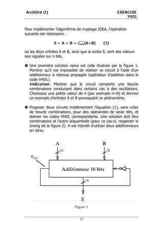 ArchOrd (I)                                               EXERCISE
                                                              VHDL


Pour implémenter l’algorithme de cryptage IDEA, l’opération
suivante est nécessaire :

                  S = A + B + cout(A+B)          (1)

où les deux entrées A et B, ainsi que la sortie S, sont des valeurs
non signées sur n bits.

   Une première solution naïve est celle illustrée par la figure 1.
   Montrer qu’il est impossible de réaliser ce circuit à l’aide d’un
   additionneur à retenue propagée (opérateur d’addition dans le
   code VHDL).
   Indication: Montrer que le circuit comporte une boucle
   combinatoire conduisant dans certains cas à des oscillations.
   Choisissez une petite valeur de n (par exemple n=8) et donnez
   un exemple d’entrées A et B provoquant ce phénomène.

   Proposer deux circuits implémentant l’équation (1), sans créer
   de boucle combinatoire, pour des opérandes de seize bits, et
   donner les codes VHDL correspondants. Une solution doit être
   combinatoire et l’autre séquentielle (pour ce cas-ci, respecter le
   timing de la figure 2). Il est interdit d’utiliser deux additionneurs
   en série.




                               Figure 1


                                  22
 
