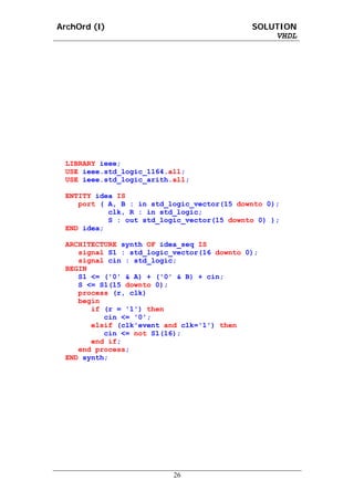 ArchOrd (I)                                 SOLUTION
                                                VHDL




 LIBRARY ieee;
 USE ieee.std_logic_1164.all;
 USE ieee.std_logic_arith.all;

 ENTITY idea IS
    port ( A, B : in std_logic_vector(15 downto 0);
           clk, R : in std_logic;
           S : out std_logic_vector(15 downto 0) );
 END idea;

 ARCHITECTURE synth OF idea_seq IS
    signal S1 : std_logic_vector(16 downto 0);
    signal cin : std_logic;
 BEGIN
    S1 <= ('0' & A) + ('0' & B) + cin;
    S <= S1(15 downto 0);
    process (r, clk)
    begin
       if (r = '1') then
          cin <= '0';
       elsif (clk'event and clk='1') then
          cin <= not S1(16);
       end if;
    end process;
 END synth;




                          26
 