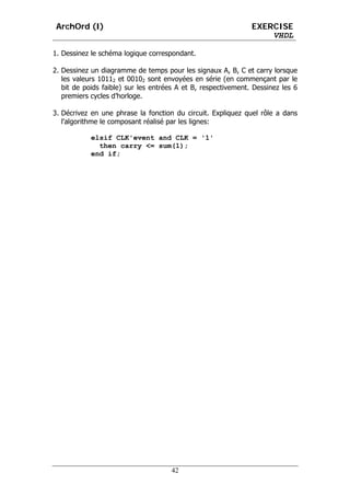 ArchOrd (I)                                                   EXERCISE
                                                                   VHDL

1. Dessinez le schéma logique correspondant.

2. Dessinez un diagramme de temps pour les signaux A, B, C et carry lorsque
   les valeurs 10112 et 00102 sont envoyées en série (en commençant par le
   bit de poids faible) sur les entrées A et B, respectivement. Dessinez les 6
   premiers cycles d’horloge.

3. Décrivez en une phrase la fonction du circuit. Expliquez quel rôle a dans
   l'algorithme le composant réalisé par les lignes:

            elsif CLK'event and CLK = '1'
              then carry <= sum(1);
            end if;




                                     42
 