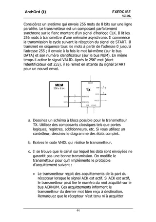 ArchOrd (I)                                              EXERCISE
                                                             VHDL

Considérez un système qui envoie 256 mots de 8 bits sur une ligne
parallèle. Le transmetteur est un composant parfaitement
synchrone sur le flanc montant d’un signal d’horloge CLK. Il lit les
256 mots à transmettre d’une mémoire asynchrone. Il commence
la transmission le cycle suivant la réception du signal de START. Il
transmet en séquence tous les mots à partir de l’adresse 0 jusqu’à
l’adresse 255 ; il envoie à la fois le mot lui-même (sur le bus
DATA) et son numéro identificateur (sur le bus NUM). En même
temps il active le signal VALID. Après le 256e mot (dont
l’identificateur est 255), il se remet en attente du signal START
pour un nouvel envoi.




  a. Dessinez un schéma à blocs possible pour le transmetteur
     TX. Utilisez des composants classiques tels que portes
     logiques, registres, additionneurs, etc. Si vous utilisez un
     contrôleur, dessinez le diagramme des états complet.

  b. Ecrivez le code VHDL qui réalise le transmetteur.

  c. Il se trouve que le canal sur lequel les data sont envoyées ne
     garantit pas une bonne transmission. On modifie le
     transmetteur pour qu’il implémente le protocole
     d’acquittement suivant :

     • Le transmetteur reçoit des acquittements de la part du
       récepteur lorsque le signal ACK est actif. Si ACK est actif,
       le transmetteur peut lire le numéro du mot acquitté sur le
       bus ACKNUM. Ces acquittements informent le
       transmetteur du dernier mot bien reçu à destination.
       Remarquez que le récepteur n’est tenu ni à acquitter


                                 44
 