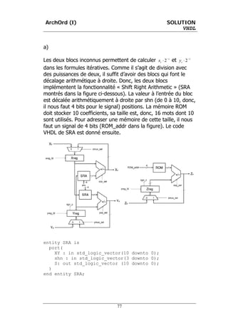 ArchOrd (I)                                             SOLUTION
                                                            VHDL


a)

Les deux blocs inconnus permettent de calculer xi ⋅ 2 −i et yi ⋅ 2 − i
dans les formules itératives. Comme il s’agit de division avec
des puissances de deux, il suffit d’avoir des blocs qui font le
décalage arithmétique à droite. Donc, les deux blocs
implémentent la fonctionnalité « Shift Right Arithmetic » (SRA
montrés dans la figure ci-dessous). La valeur à l’entrée du bloc
est décalée arithmétiquement à droite par shn (de 0 à 10, donc,
il nous faut 4 bits pour le signal) positions. La mémoire ROM
doit stocker 10 coefficients, sa taille est, donc, 16 mots dont 10
sont utilisés. Pour adresser une mémoire de cette taille, il nous
faut un signal de 4 bits (ROM_addr dans la figure). Le code
VHDL de SRA est donné ensuite.




entity SRA is
  port(
    XY : in std_logic_vector(10 downto 0);
    shn : in std_logic_vector(3 downto 0);
    S: out std_logic_vector (10 downto 0);
  )
end entity SRA;




                                 77
 