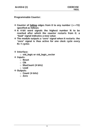 ArchOrd (I)                                    EXERCISE
                                                   VHDL


Programmable Counter:


  Counter of falling edges from 0 to any number (<=15)
  specified as follows
  A 4-bit word signals the highest number N to be
  reached after which the counter restarts from 0; a
  “load” signal indicates a new value
  The module outputs a “zero” signal when it restarts; the
  “zero” signal is thus active for one clock cycle every
  N+1 cycles


  Interface:
    o std_logic or std_logic_vector
  Inputs:
    o Reset
    o Clk
    o MaxCount (4 bits)
    o Load
  Outputs:
    o Count (4 bits)
    o Zero




                            8
 