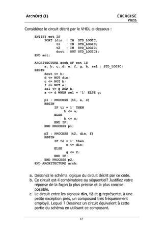 ArchOrd (I)                                              EXERCISE
                                                             VHDL

Considérez le circuit décrit par le VHDL ci-dessous :
      ENTITY ent IS
           PORT (din     :   IN    STD_LOGIC;
                 t1      :   IN    STD_LOGIC;
                 t2      :   IN    STD_LOGIC;
                 dout    :   OUT   STD_LOGIC);
      END ent;

      ARCHITECTURE arch OF ent IS
            a, b, c, d, e, f, g, h, sel : STD_LOGIC;
      BEGIN
            dout <= h;
            d <= NOT din;
            c <= NOT b;
            f <= NOT e;
            sel <= g XOR h;
            a <= d WHEN sel = '1' ELSE g;

            p1 : PROCESS (t1, a, c)
            BEGIN
                  IF t1 ='1' THEN
                       b <= a;
                  ELSE
                       h <= c;
                  END IF;
            END PROCESS p1;

           p2 : PROCESS (t2, din, f)
           BEGIN
                 IF t2 ='1' then
                       e <= din;
                 ELSE
                       g <= f;
                 END IF;
           END PROCESS p2;
      END ARCHITECTURE arch;


   a. Dessinez le schéma logique du circuit décrit par ce code.
   b. Ce circuit est-il combinatoire ou séquentiel? Justifiez votre
      réponse de la façon la plus précise et la plus concise
      possible.
   c. Le circuit entre les signaux din, t2 et g représente, à une
      petite exception près, un composant très fréquemment
      employé. Lequel ? Dessinez un circuit équivalent à cette
      partie du schéma en utilisant ce composant.

                                    82
 
