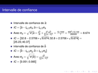 Intervalle de confiance
Intervalle de confiance de â:
IC = [â −tα/2σâ;â +tα/2σâ
Avec σâ =
p
V(â =
ˆ
σ2
N
+ x̄2
∗ ˆ
σ2
∑(xi −x̄)2 = 12,1444
7
+ 4002
∗12,144
280000
= 8.674
IC = [32.8 −2.5706 ∗
√
8.674;32.8 +2.5706 ∗
√
8.674] =
[25.23;40.37]
intervalle de confiance de b̂
IC = [b̂ −tα/2σb̂;b̂ +tα/2σb̂]
Avec σb̂ =
q
V(b̂) =
ˆ
σ2
∑(xi −x̄)2
IC = [0.051;0.085]
 
