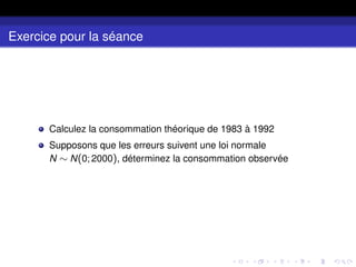 Exercice pour la séance
Calculez la consommation théorique de 1983 à 1992
Supposons que les erreurs suivent une loi normale
N ∼ N(0;2000), déterminez la consommation observée
 