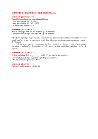 REPONSES A L’EXERCICE N° 2 [E2-2002S] (40 points)
REPONSE QUESTION N° 1 :
Quantités totales d'enzyme (quantités catalytiques)
- pour la solution A: 8 U (80 x 0,1)
- pour la solution B: 6 U (300 x 0,02)
- Rendement en enzyme: 75 %
REPONSE QUESTION N° 2 :
Activité spécifique de A = 8.10-6
mol.min-1
.g-1
de protéines.
Concentration catalytique spécifique = 8 U.g-1
de protéines.
N.B.: Dans la pratique professionnelle, les activités spécifiques s'expriment fréquemment en Unité par
mg de protéine, ce qui est impropre. Il serait donc injuste de sanctionner cette pratique au concours
de l'Internat.
Il faut donc accepter comme juste les deux réponses: la réponse en activité enzymatique
spécifique en mol.min-1
.g-1
de protéines et celle en concentration catalytique spécifique en U.g-1
de
protéines.
REPONSE QUESTION N° 3 :
Activité spécifique de B =

,×× = 240.10-6
mol.min-1
.g-1
de protéines.
Concentration catalytique spécifique = 240 U.g-1
de protéines.
N.B.: Cf. REPONSE QUESTION N° 2.
REPONSE QUESTION N° 4 :
Facteur d'enrichissement = 240/8 = 30
 