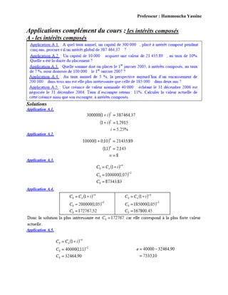 Professeur : Hammoucha Yassine
Applications complément du cours : les intérêts composés
A - les intérêts composés
Solutions
Application A.1.
Application A.2.
Application A.3.
Application A.4.
Application A.5.
 