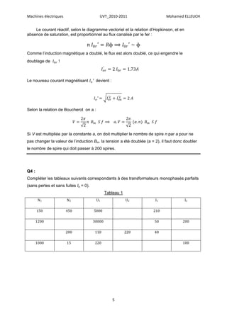 Machines électriques                      UVT_2010-2011                      Mohamed ELLEUCH


    Le courant réactif, selon le diagramme vectoriel et la relation d’Hopkinson, et en
absence de saturation, est proportionnel au flux canalisé par le fer :

                                                    ⟹
Comme l’induction magnétique a doublé, le flux est alors doublé, ce qui engendre le
doublage de       !



Le nouveau courant magnétisant          devient :




Selon la relation de Boucherot on a :

                                               ⟹

Si V est multipliée par la constante a, on doit multiplier le nombre de spire n par a pour ne
pas changer la valeur de l’induction Bm. la tension a été doublée (a = 2), il faut donc doubler
le nombre de spire qui doit passer à 200 spires.




Q4 :
Compléter les tableaux suivants correspondants à des transformateurs monophasés parfaits
(sans pertes et sans fuites Io = 0).
                                               Tableau 1
        N1             N2               U1                 U2          I1                I2

       150             450             5000                           210

       1200                            30000                           50              200

                       200              110                220         40

       1000            15               220                                            100




                                                    5
 