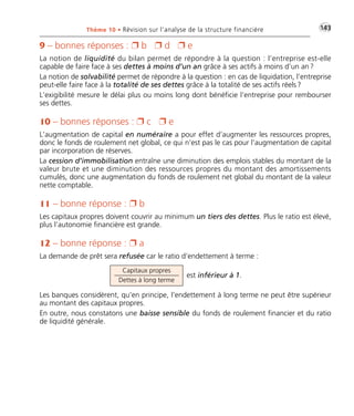 •G143Thème 10 • Révision sur l’analyse de la structure financière
9 – bonnes réponses : Ë b Ë d Ë e
La notion de liquidité du bilan permet de répondre à la question : l’entreprise est-elle
capable de faire face à ses dettes à moins d’un an grâce à ses actifs à moins d’un an?
La notion de solvabilité permet de répondre à la question : en cas de liquidation, l’entreprise
peut-elle faire face à la totalité de ses dettes grâce à la totalité de ses actifs réels?
L’exigibilité mesure le délai plus ou moins long dont bénéficie l’entreprise pour rembourser
ses dettes.
10 – bonnes réponses : Ë c Ë e
L’augmentation de capital en numéraire a pour effet d’augmenter les ressources propres,
donc le fonds de roulement net global, ce qui n’est pas le cas pour l’augmentation de capital
par incorporation de réserves.
La cession d’immobilisation entraîne une diminution des emplois stables du montant de la
valeur brute et une diminution des ressources propres du montant des amortissements
cumulés, donc une augmentation du fonds de roulement net global du montant de la valeur
nette comptable.
11 – bonne réponse : Ë b
Les capitaux propres doivent couvrir au minimum un tiers des dettes. Plus le ratio est élevé,
plus l’autonomie financière est grande.
12 – bonne réponse : Ë a
La demande de prêt sera refusée car le ratio d’endettement à terme :
Les banques considèrent, qu’en principe, l’endettement à long terme ne peut être supérieur
au montant des capitaux propres.
En outre, nous constatons une baisse sensible du fonds de roulement financier et du ratio
de liquidité générale.
Capitaux propres
Dettes à long terme
est inférieur à 1.
Thème 10:Zoom's Exercices d'analyse financière avec corrigés 05/10/10 15:42 Page143
 