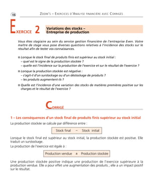 •G16 ZOOM’S – EXERCICES D’ANALYSE FINANCIÈRE AVEC CORRIGÉS
EXERCICE 2 Variations des stocks –
Entreprise de production
Vous êtes stagiaire au sein du service gestion financière de l’entreprise Even. Votre
maître de stage vous pose diverses questions relatives à l’incidence des stocks sur le
résultat afin de tester vos connaissances.
I Lorsque le stock final de produits finis est supérieur au stock initial :
– quel est le signe de la production stockée ?
– quelle est l’incidence sur la production de l’exercice et sur le résultat de l’exercice ?
I Lorsque la production stockée est négative :
– s’agit-il d’un surstockage ou d’un déstockage de produits ?
– les produits augmentent-ils ?
I Quelle est l’incidence d’une variation des stocks de matières premières positive sur les
charges et le résultat de l’exercice ?
1 – Les conséquences d’un stock final de produits finis supérieur au stock initial
La production stockée se calcule par différence entre :
CORRIGÉ
Stock final Stock initial–
Production vendue Production stockée±
Lorsque le stock final est supérieur au stock initial, la production stockée est positive. Elle
traduit un surstockage.
La production de l’exercice est égale à :
Une production stockée positive indique une production de l’exercice supérieure à la
production vendue. Elle a pour effet une augmentation des produits ; elle a un impact positif
sur le résultat.
Thème 01 Partie 01:Zoom's Exercices d'analyse financière avec corrigés 05/10/10 15:20 Page16
 