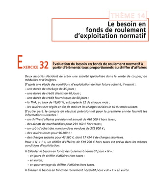 Le besoin en
fonds de roulement
d’exploitation normatif
THÈME 14
EXERCICE 32 Évaluation du besoin en fonds de roulement normatif à
partir d’éléments tous proportionnels au chiffre d’affaires
I Calculer le besoin en fonds de roulement normatif pour « N » :
– en jours de chiffre d’affaires hors taxes :
– en euros ;
– en pourcentage du chiffre d’affaires hors taxes.
I Évaluer le besoin en fonds de roulement normatif pour « N + 1 » en euros.
Deux associés décident de créer une société spécialisée dans la vente de coupes, de
médailles et d’insignes.
D’après une étude des conditions d’exploitation de leur future activité, il ressort :
– une durée de stockage de 45 jours ;
– une durée de crédit clients de 40 jours ;
– une durée de crédit fournisseurs de 60 jours ;
– la TVA, au taux de 19,60 %, est payée le 22 de chaque mois ;
– les salaires sont réglés en fin de mois et les charges sociales le 10 du mois suivant.
D’autre part, le compte de résultat prévisionnel pour la première année fournit les
informations suivantes :
– un chiffre d’affaires prévisionnel annuel de 440 000 € hors taxes ;
– des achats de marchandises pour 259 160 € hors taxes ;
– un coût d’achat des marchandises vendues de 272 800 € ;
– des salaires bruts pour 96 800 € ;
– des charges sociales pour 43 560 €, dont 17 424 € de charges salariales.
Pour « N + 1 », un chiffre d’affaires de 519 200 € hors taxes est prévu dans les mêmes
conditions d’exploitation.
Thème 14 Partie 05 :Zoom's Exercices d'analyse financière avec corrigés 05/10/10 15:46 Page197
 