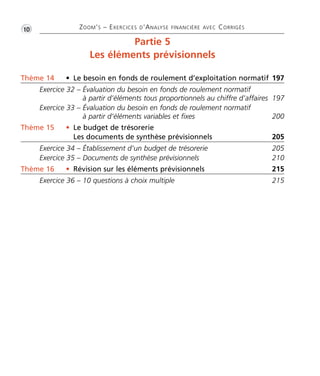 •G 
10 ZOOM’S – EXERCICES D’ANALYSE FINANCIÈRE AVEC CORRIGÉS 
Partie 5 
Les éléments prévisionnels 
Thème 14 • Le besoin en fonds de roulement d’exploitation normatif 197 
Exercice 32 – Évaluation du besoin en fonds de roulement normatif 
à partir d’éléments tous proportionnels au chiffre d’affaires 197 
Exercice 33 – Évaluation du besoin en fonds de roulement normatif 
à partir d’éléments variables et fixes 200 
Thème 15 • Le budget de trésorerie 
Les documents de synthèse prévisionnels 205 
Exercice 34 – Établissement d’un budget de trésorerie 205 
Exercice 35 – Documents de synthèse prévisionnels 210 
Thème 16 • Révision sur les éléments prévisionnels 215 
Exercice 36 – 10 questions à choix multiple 215 
 