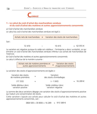 •G14 ZOOM’S – EXERCICES D’ANALYSE FINANCIÈRE AVEC CORRIGÉS 
CORRIGÉ 
1 – Le calcul du coût d’achat des marchandises vendues 
et du coût d’achat des matières et autres approvisionnements consommés 
a) Coût d’achat des marchandises vendues 
Le calcul du coût d’achat des marchandises vendues est égal à : 
Soit : 
Achats nets de marchandises ± Variation des stocks de marchandises 
72 470 – 10 415 = 62 055 € 
La variation est négative puisque le solde est créditeur : l’entreprise a donc surstocké, ce qui 
entraîne un coût d’achat des marchandises vendues inférieur aux achats de marchandises de 
l’exercice. 
b) Coût d’achat des matières et autres approvisionnements consommés 
Le calcul s’effectue de la manière suivante : 
Achats nets de matières premières et 
autres approvisionnements 
± d’approvisionnements 
La variation des stocks d’approvisionnements est égale à : 
Variation des stocks 
de matières premières 
Variation des stocks 
Variation 
+ des stocks d’emballages 
(17 332) + (– 1 043) = 16 289 € 
Solde débiteur donc 
variation positive 
Solde créditeur donc 
variation négative 
La somme des deux variations dégage une variation des stocks d’approvisionnements positive 
qui traduit une consommation de stocks. 
Cette variation s’ajoute aux achats pour calculer le coût d’achat des matières et autres 
approvisionnements consommés, soit : 
(868 500 + 30 800) + 16 289 = 915 589 € 
 