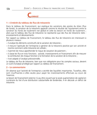 •G172 ZOOM’S – EXERCICES D’ANALYSE FINANCIÈRE AVEC CORRIGÉS 
CORRIGÉ 
1 – L’intérêt du tableau de flux de trésorerie 
Dans le tableau de financement, qui explique les variations des postes du bilan (flux 
de fonds), la variation de la trésorerie apparaît comme le résultat de l’ajustement entre la 
variation du fonds de roulement net global et celle du besoin en fonds de roulement ; 
alors que le tableau des flux de trésorerie ne représente que des flux de trésorerie réels : 
encaissements et décaissements. 
Par rapport au tableau de financement, le tableau des flux de trésorerie est interessant à 
plusieurs niveaux : 
– il analyse les éléments constitutifs de la variation de trésorerie ; 
– il mesure l’aptitude de l’entreprise à générer de la trésorerie positive par son activité et 
montre comment cette trésorerie est utilisée ; 
– il permet de mieux appréhender le risque de cessation de paiement ; 
– il classe les flux en trois fonctions : activité, investissements et financement afin de mesurer 
la contribution de chaque fonction à la formation de la variation de la trésorerie ; 
– il est adapté à l’analyse prévisionnelle. 
Le tableau de flux de trésorerie, bien que non obligatoire pour les comptes sociaux, devient 
un outil d’analyse privilégié par rapport au tableau de financement. 
2 – Le commentaire 
On observe que l’activité de l’entreprise a secrété des liquidités importantes. Toutefois, elles 
sont insuffisantes à elles seules pour payer les investissements effectués au cours de 
l’exercice. 
Le besoin de financement externe n’a pu être couvert par la seule augmentation de capital en 
numéraire du fait d’une distribution substantielle de dividendes. Il en découle un déficit de 
trésorerie. 
 