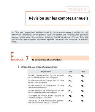 THÈME 3 
Révision sur les comptes annuels 
Les QCM sont des questions à choix multiple. À chaque question posée, il vous est proposé 
différentes réponses parmi lesquelles il vous faut cocher une réponse juste, plusieurs 
réponses justes, voire, pour certaines questions, toutes les réponses. Ce sont donc des 
questions fermées auxquelles vous devez répondre rapidement avec un temps de réflexion 
limité. 
EXERCICE 7 10 questions à choix multiple 
1 – Répondez aux propositions suivantes : 
Propositions Vrai Faux 
Tous les comptes de bilan figurant au passif 
ont un solde créditeur sans exception 
 a.  b. 
Tous les comptes de charges ont un solde 
débiteur sans exception 
 c.  d. 
Tous les comptes de produits ont un solde 
créditeur sans exception 
 e.  f. 
Tous les comptes de bilan figurant à l'actif 
ont un solde débiteur sans exception 
 g.  h. 
Le compte de résultat décrit l’activité de 
l’entreprise depuis sa création 
 i.  j. 
Le bilan est un état de la situation patrimo-niale 
de l'entreprise depuis sa création 
 k.  l. 
 