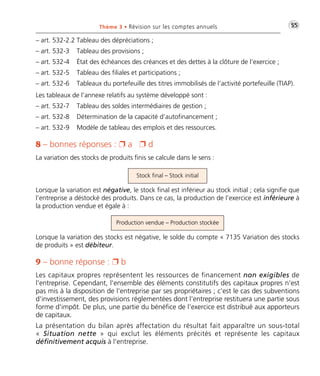 Thème 3 • Révision sur les comptes annuels •G55 
– art. 532-2.2 Tableau des dépréciations ; 
– art. 532-3 Tableau des provisions ; 
– art. 532-4 État des échéances des créances et des dettes à la clôture de l’exercice ; 
– art. 532-5 Tableau des filiales et participations ; 
– art. 532-6 Tableaux du portefeuille des titres immobilisés de l’activité portefeuille (TIAP). 
Les tableaux de l’annexe relatifs au système développé sont : 
– art. 532-7 Tableau des soldes intermédiaires de gestion ; 
– art. 532-8 Détermination de la capacité d’autofinancement ; 
– art. 532-9 Modèle de tableau des emplois et des ressources. 
8 – bonnes réponses :  a  d 
La variation des stocks de produits finis se calcule dans le sens : 
Stock final – Stock initial 
Lorsque la variation est négative, le stock final est inférieur au stock initial ; cela signifie que 
l’entreprise a déstocké des produits. Dans ce cas, la production de l’exercice est inférieure à 
la production vendue et égale à : 
Production vendue – Production stockée 
Lorsque la variation des stocks est négative, le solde du compte « 7135 Variation des stocks 
de produits » est débiteur. 
9 – bonne réponse :  b 
Les capitaux propres représentent les ressources de financement non exigibles de 
l'entreprise. Cependant, l'ensemble des éléments constitutifs des capitaux propres n'est 
pas mis à la disposition de l'entreprise par ses propriétaires ; c'est le cas des subventions 
d'investissement, des provisions réglementées dont l'entreprise restituera une partie sous 
forme d'impôt. De plus, une partie du bénéfice de l'exercice est distribué aux apporteurs 
de capitaux. 
La présentation du bilan après affectation du résultat fait apparaître un sous-total 
« Situation nette » qui exclut les éléments précités et représente les capitaux 
définitivement acquis à l'entreprise. 
 
