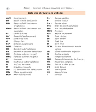 •G6 ZOOM’S – EXERCICES D’ANALYSE FINANCIÈRE AVEC CORRIGÉS 
Liste des abréviations utilisées 
AMTS : Amortissements 
BFR : Besoin en fonds de roulement 
BFRE : Besoin en fonds de roulement 
d’exploitation 
BFRHE : Besoin en fonds de roulement hors 
exploitation 
CA : Chiffre d’affaires 
CAF : Capacité d’autofinancement 
CDB : Centrale de bilans 
CF : Charges fixes 
DAP : Dotations aux provisions 
DOTS : Dotations 
EBE : Excédent brut d’exploitation 
ETE : Excédent de trésorerie d’exploitation 
FRN : Fonds de roulement normatif 
FRNG : Fonds de roulement net global 
HT : Hors taxes 
IBE : Insuffisance brute d’exploitation 
IS : Impôt sur les sociétés 
IR : Imputation rationnelle 
LME : Loi de modernisation de l’économie 
MCV : Marge sur coût variable 
MOD : Main-d’oeuvre directe 
N – 1 : Exercice précédent 
N : Exercice en cours 
N + 1 : Exercice suivant 
OEC : Ordre des experts-comptables 
PCG : Plan comptable général 
PROV : Provisions 
RAP : Reprises sur provisions 
SC : Solde créditeur 
SD : Solde débiteur 
SF : Stock final 
SI : Stock initial 
SICAV : Sociétés d’investissement à capital 
variable 
SIG : Soldes intermédiaires de gestion 
SR : Seuil de rentabilité 
TE : Temps d’écoulement 
TPFF : Tableau pluriannuel des flux financiers 
TTC : Toutes taxes comprises 
TVA : Taxe sur la valeur ajoutée 
UO : Unité d’oeuvre 
VA : Valeur ajoutée 
VO : Valeur d’origine 
Δ : Variation 
 