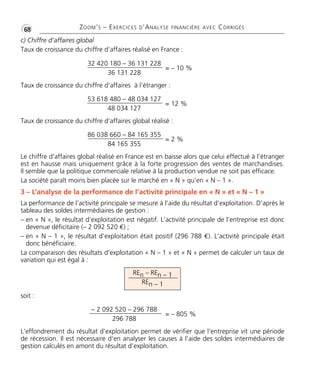 •G68 ZOOM’S – EXERCICES D’ANALYSE FINANCIÈRE AVEC CORRIGÉS 
c) Chiffre d’affaires global 
Taux de croissance du chiffre d’affaires réalisé en France : 
32 420 180 – 36 131 228 
36 131 228 
= – 10 % 
Taux de croissance du chiffre d’affaires à l’étranger : 
53 618 480 – 48 034 127 
48 034 127 
= 12 % 
Taux de croissance du chiffre d’affaires global réalisé : 
86 038 660 – 84 165 355 
84 165 355 
= 2 % 
Le chiffre d’affaires global réalisé en France est en baisse alors que celui effectué à l’étranger 
est en hausse mais uniquement grâce à la forte progression des ventes de marchandises. 
Il semble que la politique commerciale relative à la production vendue ne soit pas efficace. 
La société paraît moins bien placée sur le marché en « N » qu’en « N – 1 ». 
3 – L’analyse de la performance de l’activité principale en « N » et « N – 1 » 
La performance de l’activité principale se mesure à l’aide du résultat d’exploitation. D’après le 
tableau des soldes intermédiaires de gestion : 
– en « N », le résultat d’exploitation est négatif. L’activité principale de l’entreprise est donc 
devenue déficitaire (– 2 092 520 €) ; 
– en « N – 1 », le résultat d’exploitation était positif (296 788 €). L’activité principale était 
donc bénéficiaire. 
La comparaison des résultats d’exploitation « N – 1 » et « N » permet de calculer un taux de 
variation qui est égal à : 
soit : 
REn – REn – 1 
REn – 1 
– 2 092 520 – 296 788 
296 788 
= – 805 % 
L’effondrement du résultat d’exploitation permet de vérifier que l’entreprise vit une période 
de récession. Il est nécessaire d’en analyser les causes à l’aide des soldes intermédiaires de 
gestion calculés en amont du résultat d’exploitation. 
 