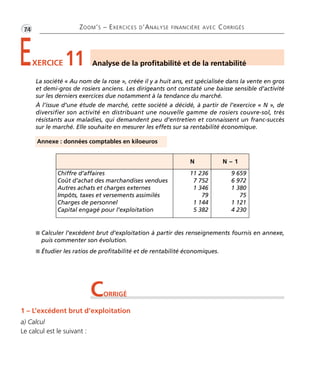 •G74 ZOOM’S – EXERCICES D’ANALYSE FINANCIÈRE AVEC CORRIGÉS 
EXERCICE 11 Analyse de la profitabilité et de la rentabilité 
La société « Au nom de la rose », créée il y a huit ans, est spécialisée dans la vente en gros 
et demi-gros de rosiers anciens. Les dirigeants ont constaté une baisse sensible d’activité 
sur les derniers exercices due notamment à la tendance du marché. 
À l’issue d’une étude de marché, cette société a décidé, à partir de l’exercice « N », de 
diversifier son activité en distribuant une nouvelle gamme de rosiers couvre-sol, très 
résistants aux maladies, qui demandent peu d’entretien et connaissent un franc-succès 
sur le marché. Elle souhaite en mesurer les effets sur sa rentabilité économique. 
N N – 1 
Chiffre d’affaires 
Coût d’achat des marchandises vendues 
Autres achats et charges externes 
Impôts, taxes et versements assimilés 
Charges de personnel 
Capital engagé pour l’exploitation 
11 236 
7 752 
1 346 
79 
1 144 
5 382 
 Calculer l’excédent brut d’exploitation à partir des renseignements fournis en annexe, 
puis commenter son évolution. 
 Étudier les ratios de profitabilité et de rentabilité économiques. 
9 659 
6 972 
1 380 
75 
1 121 
4 230 
Annexe : données comptables en kiloeuros 
CORRIGÉ 
1 – L’excédent brut d’exploitation 
a) Calcul 
Le calcul est le suivant : 
 