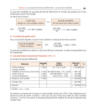 Thème 6 • Le compte de résultat différentiel – Le seuil de rentabilité •G89 
Le seuil de rentabilité en quantité permet de déterminer le nombre de produits qu’il faut 
vendre pour couvrir les charges. 
Le calcul est le suivant : 
Coûts fixes 
Marge sur coût variable unitaire 
Seuil de rentabilité 
Prix de vente hors taxes unitaire 
875 385 
79 
≈ 11 081 modèles 
ou 
341 400 
30,82 
Soit : ≈ 11 081 modèles 
3 – Le calcul du point mort 
Pour une activité régulière, le point mort s’obtient à l’aide de la formule suivante : 
Seuil de rentabilité 
Chiffre d’affaires 
875 385 
1 264 000 
soit : ≈ 249 j 
x 360 j x 360 j 
Le seuil de rentabilité est atteint au bout de 249 jours d’activité. La date correspondante est 
le 9 septembre. 
4 – Les prévisions concernant l’exercice « N + 1 » 
a) Compte de résultat différentiel 
Éléments Quantité 
(1) 
Valeur 
unitaire 
Montant 
total % 
Chiffre d’affaires 
– Charges variables 
• Matières et fournitures consommées 
• Main-d’oeuvre 
• Coût de distribution 
17 600 
17 600 
17 600 
17 600 
79 – 5 % = 75,05 
(467 800/16 000) – 3 % = 28,36 
202 000/16000 = 12,63 
75,05 x 8 % = 6,00 
1 320 880 
– 499 136 
– 222 288 
– 105 600 
100 
= Marge sur coût variable 17 600 = 493 856 37,38 
– Charges fixes – 307 000 
= Résultat = 186 856 14,14 
(1) 16 000 + 10 % = 17 600. 
On observe une baisse de la marge sur coût variable unitaire de 2,76 €. Cela s’explique par la 
baisse du prix de vente unitaire (– 5%) qui est plus forte que celle du coût variable 
unitaire (– 2,6 %). Par contre, le résultat prévisionnel est meilleur du fait de la réduction des 
charges fixes. 
 