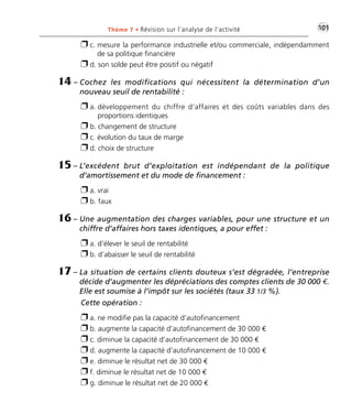 •G101Thème 7 • Révision sur l’analyse de l’activité
Ë c. mesure la performance industrielle et/ou commerciale, indépendamment
de sa politique financière
Ë d. son solde peut être positif ou négatif
14 – Cochez les modifications qui nécessitent la détermination d’un
nouveau seuil de rentabilité :
Ë a. développement du chiffre d’affaires et des coûts variables dans des
proportions identiques
Ë b. changement de structure
Ë c. évolution du taux de marge
Ë d. choix de structure
15 – L’excédent brut d’exploitation est indépendant de la politique
d’amortissement et du mode de financement :
Ë a. vrai
Ë b. faux
16 – Une augmentation des charges variables, pour une structure et un
chiffre d’affaires hors taxes identiques, a pour effet :
Ë a. d’élever le seuil de rentabilité
Ë b. d’abaisser le seuil de rentabilité
17 – La situation de certains clients douteux s’est dégradée, l’entreprise
décide d’augmenter les dépréciations des comptes clients de 30 000 €.
Elle est soumise à l’impôt sur les sociétés (taux 33 1/3 %).
Cette opération :
Ë a. ne modifie pas la capacité d’autofinancement
Ë b. augmente la capacité d’autofinancement de 30 000 €
Ë c. diminue la capacité d’autofinancement de 30 000 €
Ë d. augmente la capacité d’autofinancement de 10 000 €
Ë e. diminue le résultat net de 30 000 €
Ë f. diminue le résultat net de 10 000 €
Ë g. diminue le résultat net de 20 000 €
Thème 07:Zoom's Exercices d'analyse financière avec corrigés 05/10/10 15:37 Page101
 