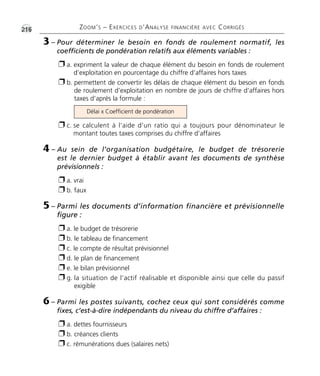 •G216 ZOOM’S – EXERCICES D’ANALYSE FINANCIÈRE AVEC CORRIGÉS
3 – Pour déterminer le besoin en fonds de roulement normatif, les
coefficients de pondération relatifs aux éléments variables :
Ë a. expriment la valeur de chaque élément du besoin en fonds de roulement
d’exploitation en pourcentage du chiffre d’affaires hors taxes
Ë b. permettent de convertir les délais de chaque élément du besoin en fonds
de roulement d’exploitation en nombre de jours de chiffre d’affaires hors
taxes d’après la formule :
Délai x Coefficient de pondération
Ë c. se calculent à l’aide d’un ratio qui a toujours pour dénominateur le
montant toutes taxes comprises du chiffre d’affaires
4 – Au sein de l’organisation budgétaire, le budget de trésorerie
est le dernier budget à établir avant les documents de synthèse
prévisionnels :
Ë a. vrai
Ë b. faux
5 – Parmi les documents d’information financière et prévisionnelle
figure :
Ë a. le budget de trésorerie
Ë b. le tableau de financement
Ë c. le compte de résultat prévisionnel
Ë d. le plan de financement
Ë e. le bilan prévisionnel
Ë g. la situation de l’actif réalisable et disponible ainsi que celle du passif
exigible
6 – Parmi les postes suivants, cochez ceux qui sont considérés comme
fixes, c’est-à-dire indépendants du niveau du chiffre d’affaires :
Ë a. dettes fournisseurs
Ë b. créances clients
Ë c. rémunérations dues (salaires nets)
Thème 16:Zoom's Exercices d'analyse financière avec corrigés 05/10/10 15:48 Page216
 