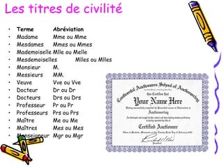 Les titres de civilité  Terme Abréviation Madame Mme ou Mme Mesdames Mmes ou Mmes Mademoiselle Mlle ou Melle Mesdemoiselles Mlles ou Mlles Monsieur M. Messieurs MM. Veuve Vve ou Vve Docteur Dr ou Dr Docteurs Drs ou Drs Professeur Pr ou Pr Professeurs Prs ou Prs Maître Me ou Me Maîtres Mes ou Mes Monseigneur Mgr ou Mgr 