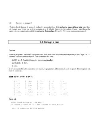 120 Exe rcices en langage C
*Notre rech erch e du nom de m ois a été réalisée ici par un algorith m e ditde rech erch e séquentielle en table (algorith m e
qui, com m e nous l'avons vu, peut se program m er en C à l'aide d'une seule instruction). D'autres algorith m es plus
rapides existent, en particulier celui ditde rech erch e dich otom ique. L'exercice IV-5 vous en proposera un exem ple.
II-2 Codage m ors e
________________________________________________________________________________________
Enoncé
Ecrire un program m e affich antle codage en m orse d'un texte fourni au clavier et ne dépassant pas une "ligne" de 127
caractè res. Les caractè res susceptibles d'ê tre codés en m orse sont:
- les 26 lettres de l'alph abet(supposées tapées en m ajuscules),
- les 10 ch iffres de 0 à 9 ,
- le point,
Si le texte contient d'autres caractè res que ceux-ci, le program m e affich era sim plem ent des points d'interrogation à la
place du code m orse.
Table au de s code s m orses
A .- B -... C -.-. D -.. E .
F ..-. G --. H .... I .. J .---
K -.- L .-.. M -- N -. O ---
P .--. Q --.- R .-. S ... T -
U ..- V ...- W .-- X -..- Y -.--
Z --.. . .-.-.-
0 ----- 1 .---- 2 ..--- 3 ...-- 4 ....-
5 ..... 6 -.... 7 --... 8 ---.. 9 ----.
Exe m ple
donnez votre message (1 ligne maxi) :
LE LANGAGE C, CONCU EN 1972, EST L'OEUVRE DE DENIS RITCHIE.
voici la traduction de votre message
 