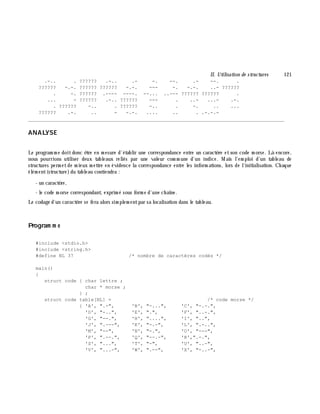 II. Utilisation de structures 121
.-.. . ?????? .-.. .- -. --. .- --. .
?????? -.-. ?????? ?????? -.-. --- -. -.-. ..- ??????
. -. ?????? .---- ----. --... ..--- ?????? ?????? .
... - ?????? .-.. ?????? --- . ..- ...- .-.
. ?????? -.. . ?????? -.. . -. .. ...
?????? .-. .. - -.-. .... .. . .-.-.-
________________________________________________________________________________________
ANALYSE
Le program m e doitdonc ê tre en m esure d'établir une correspondance entre un caractè re etson code m orse. Là encore,
nous pourrions utiliser deux tableaux reliés par une valeur com m une d'un indice. M ais l'em ploi d'un tableau de
structures perm etde m ieux m ettre en évidence la correspondance entre les inform ations, lors de l'initialisation. Ch aque
élém ent(structure)du tableau contiendra :
- un caractè re,
- le code m orse correspondant, exprim é sous form e d'une ch aîne.
Le codage d'un caractè re se fera alors sim plem entpar sa localisation dans le tableau.
Program m e
#include <stdio.h>
#include <string.h>
#define NL 37 /* nombre de caractères codés */
main()
{
struct code { char lettre ;
char * morse ;
} ;
struct code table[NL] = /* code morse */
{ 'A', ".-", 'B', "-...", 'C', "-.-.",
'D', "-..", 'E', ".", 'F', "..-.",
'G', "--.", 'H', "....", 'I', "..",
'J', ".---", 'K', "-.-", 'L', ".-..",
'M', "--", 'N', "-.", 'O', "---",
'P', ".--.", 'Q', "--.-", 'R',".-.",
'S', "...", 'T', "-", 'U', "..-",
'V', "...-", 'W', ".--", 'X', "-..-",
 