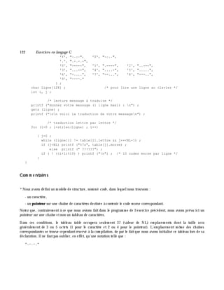 122 Exe rcices en langage C
'Y', "-.--", 'Z', "--..",
'.', ".-.-.-",
'0', "-----", '1', ".----", '2', "..---",
'3', "...--", '4', "....-", '5', ".....",
'6', "-....", '7', "--...", '8', "---..",
'9', "----."
} ;
char ligne[128] ; /* pour lire une ligne au clavier */
int i, j ;
/* lecture message à traduire */
printf ("donnez votre message (1 ligne maxi) : n") ;
gets (ligne) ;
printf ("nn voici la traduction de votre messagen") ;
/* traduction lettre par lettre */
for (i=0 ; i<strlen(ligne) ; i++)
{ j=0 ;
while (ligne[i] != table[j].lettre && j++<NL-1) ;
if (j<NL) printf ("%7s", table[j].morse) ;
else printf (" ??????") ;
if ( ! ((i+1)%10) ) printf ("n") ; /* 10 codes morse par ligne */
}
}
Com m e ntaire s
*Nous avons défini un m odè le de structure, nom m é code , dans lequelnous trouvons :
- un caractè re,
- un pointeur sur une ch aîne de caractè res destinée à contenir le code m orse correspondant.
Notez que, contrairem entà ce que nous avions faitdans le program m e de l'exercice précédent, nous avons prévu ici un
pointe ur sur une ch aîne etnon un table au de caractè res.
Dans ces conditions, le tableau table occupera seulem ent 37 (valeur de NL) em placem ents dont la taille sera
généralem ent de 3 ou 5 octets (1 pour le caractè re et 2 ou 4 pour le pointeur). L'em placem ent m ê m e des ch aînes
correspondantes se trouve cependantréservé à la com pilation, de par le faitque nous avons initialisé ce tableau lors de sa
déclaration. Ilne fautpas oublier, en effet, qu'une notation telle que :
".-.-."
 