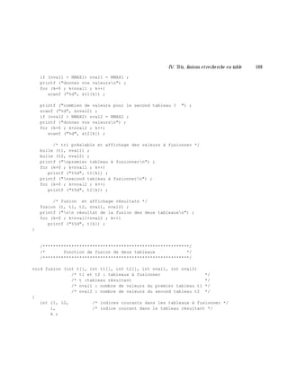IV. Tris, fusions e tre ch e rch e e n table 169
if (nval1 > NMAX1) nval1 = NMAX1 ;
printf ("donnez vos valeursn") ;
for (k=0 ; k<nval1 ; k++)
scanf ("%d", &t1[k]) ;
printf ("combien de valeurs pour le second tableau ? ") ;
scanf ("%d", &nval2) ;
if (nval2 > NMAX2) nval2 = NMAX2 ;
printf ("donnez vos valeursn") ;
for (k=0 ; k<nval2 ; k++)
scanf ("%d", &t2[k]) ;
/* tri préalable et affichage des valeurs à fusionner */
bulle (t1, nval1) ;
bulle (t2, nval2) ;
printf ("npremier tableau à fusionnern") ;
for (k=0 ; k<nval1 ; k++)
printf ("%5d", t1[k]) ;
printf ("nsecond tableau à fusionnern") ;
for (k=0 ; k<nval2 ; k++)
printf ("%5d", t2[k]) ;
/* fusion et affichage résultats */
fusion (t, t1, t2, nval1, nval2) ;
printf ("nn résultat de la fusion des deux tableauxn") ;
for (k=0 ; k<nval1+nval2 ; k++)
printf ("%5d", t[k]) ;
}
/********************************************************/
/* fonction de fusion de deux tableaux */
/********************************************************/
void fusion (int t[], int t1[], int t2[], int nval1, int nval2)
/* t1 et t2 : tableaux à fusionner */
/* t :tableau résultant */
/* nval1 : nombre de valeurs du premier tableau t1 */
/* nval2 : nombre de valeurs du second tableau t2 */
{
int i1, i2, /* indices courants dans les tableaux à fusionner */
i, /* indice courant dans le tableau résultant */
k ;
 