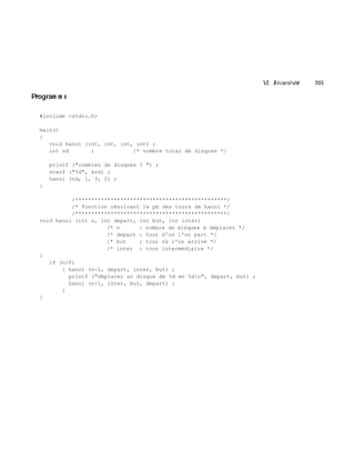 VI. Récursivité 205
Program m e
#include <stdio.h>
main()
{
void hanoi (int, int, int, int) ;
int nd ; /* nombre total de disques */
printf ("combien de disques ? ") ;
scanf ("%d", &nd) ;
hanoi (nd, 1, 3, 2) ;
}
/***********************************************/
/* fonction résolvant le pb des tours de hanoi */
/***********************************************/
void hanoi (int n, int depart, int but, int inter)
/* n : nombre de disques à déplacer */
/* depart : tour d'où l'on part */
/* but : tour où l'on arrive */
/* inter : tour intermédiaire */
{
if (n>0)
{ hanoi (n-1, depart, inter, but) ;
printf ("déplacer un disque de %d en %dn", depart, but) ;
hanoi (n-1, inter, but, depart) ;
}
}
 