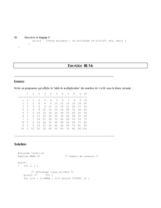 36 Exe rcices en langage C
printf ("note minimale : %d attribuée %d foisn", min, nmin) ;
}
}
Exe rcice III.16
___________________________________________________________________________
Enoncé
Ecrire un program m e qui affich e la "table de m ultiplication" des nom bres de 1 à 10, sous la form e suivante :
I 1 2 3 4 5 6 7 8 9 10
-----------------------------------------------
1 I 1 2 3 4 5 6 7 8 9 10
2 I 2 4 6 8 10 12 14 16 18 20
3 I 3 6 9 12 15 18 21 24 27 30
4 I 4 8 12 16 20 24 28 32 36 40
5 I 5 10 15 20 25 30 35 40 45 50
6 I 6 12 18 24 30 36 42 48 54 60
7 I 7 14 21 28 35 42 49 56 63 70
8 I 8 16 24 32 40 48 56 64 72 80
9 I 9 18 27 36 45 54 63 72 81 90
10 I 10 20 30 40 50 60 70 80 90 100
_______________________________________________________________
Solution
#include <stdio.h>
#define NMAX 10 /* nombre de valeurs */
main()
{ int i, j ;
/* affichage ligne en-tête */
printf (" I") ;
for (j=1 ; j<=NMAX ; j++) printf ("%4d", j) ;
 