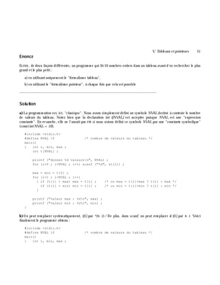 V. Table aux e tpointe urs 51
Enoncé
Ecrire, de deux façons différentes, un program m e qui lit10 nom bres entiers dans un tableau avantd'en rech erch er le plus
grand etle plus petit:
a)en utilisantuniquem entle "form alism e tableau",
b)en utilisantle "form alism e pointeur", à ch aque fois que cela estpossible
_______________________________________________________________
Solution
a)La program m ation est, ici, "classique". Nous avons sim plem entdéfini un sym bole NVALdestiné à contenir le nom bre
de valeurs du tableau. Notez bien que la déclaration int t[NVAL] est acceptée puisque NVAL est une "expression
constante". En revanch e, elle ne l'auraitpas été si nous avions défini ce sym bole NVALpar une "constante sym bolique"
(constintNVAL=10).
#include <stdio.h>
#define NVAL 10 /* nombre de valeurs du tableau */
main()
{ int i, min, max ;
int t[NVAL] ;
printf ("donnez %d valeursn", NVAL) ;
for (i=0 ; i<NVAL ; i++) scanf ("%d", &t[i]) ;
max = min = t[0] ;
for (i=1 ; i<NVAL ; i++)
{ if (t[i] > max) max = t[i] ; /* ou max = t[i]>max ? t[i] : max */
if (t[i] < min) min = t[i] ; /* ou min = t[i]<min ? t[i] : min */
}
printf ("valeur max : %dn", max) ;
printf ("valeur min : %dn", min) ;
}
b)On peut rem placer systém atiquem ent, t[i] par *(t+ i)./ De plus, dans scanf, on peut rem placer & t[i] par t+ i. Voici
finalem entle program m e obtenu :
#include <stdio.h>
#define NVAL 10 /* nombre de valeurs du tableau */
main()
{ int i, min, max ;
 