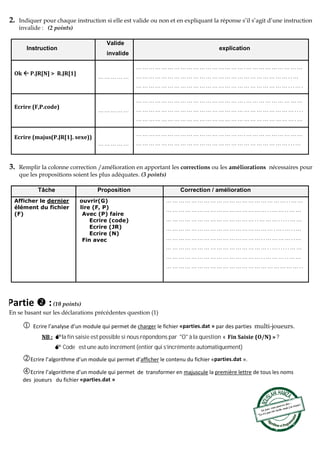 Instruction
Valide
invalide
explication
… … … … …
… … … … … … … … … … … … … … … … … . … … … … … … … … …
… … … … … … … … … … … … … … … … … … … … … … … … . . …
… … … … … … … … … … … … … … … … … … … … … … … … . . . … .
… … … … …
… … … … … … … … … … … … … … … … … . … … … … … … … … …
… … … … … … … … … … … … … … … … … … … … … … … … … . . . .
… … … … … … … … … … … … … … … … … … … … … … … … … . …
.
… … … … …
… … … … … … … … … … … … … … … … … . … … … … … … … … …
… … … … … … … … … … … … … … … … … … … … … … … … . . . …
Tâche Proposition Correction / amélioration
… … … … … … … … … … … … … … … … … … … . . … …
… … … … … … … … … … … … … … … … . . … … . . … …
… … … … … … … … … … … … … … . . … … … . . . . . … …
… … … … … … … … … … … … … … … … … . … . … . . …
… … … … … … … … … … … … … … … . . … … … … . . …
… … … … … … … … … … … … … … … … . . … . . . . . … …
… … … … … … … … … … … … … … … . . … … … . . … …
… … … … … … … … … … … … … … … … … … … … … . .
la fin saisie est possible si nous répondons par "O" à la question « ?
Code est une auto incrément (entier qui s’incrémente automatiquement)
 