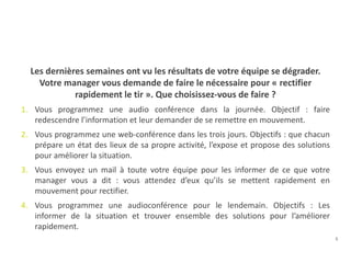 5
Les dernières semaines ont vu les résultats de votre équipe se dégrader.
Votre manager vous demande de faire le nécessaire pour « rectifier
rapidement le tir ». Que choisissez-vous de faire ?
1. Vous programmez une audio conférence dans la journée. Objectif : faire
redescendre l’information et leur demander de se remettre en mouvement.
2. Vous programmez une web-conférence dans les trois jours. Objectifs : que chacun
prépare un état des lieux de sa propre activité, l’expose et propose des solutions
pour améliorer la situation.
3. Vous envoyez un mail à toute votre équipe pour les informer de ce que votre
manager vous a dit : vous attendez d’eux qu’ils se mettent rapidement en
mouvement pour rectifier.
4. Vous programmez une audioconférence pour le lendemain. Objectifs : Les
informer de la situation et trouver ensemble des solutions pour l’améliorer
rapidement.
 