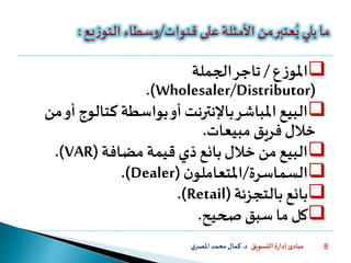 ‫التسويق‬ ‫ة‬‫ر‬‫إدا‬ ‫مبادئ‬‫د‬.‫ي‬‫املصر‬‫محمد‬‫كمال‬ 8
‫ع‬‫ز‬‫املو‬/‫الجملة‬‫تاجر‬
(Wholesaler/Distributor.)
‫كتالو‬ ‫بواسطة‬‫أو‬ ‫باإلنترنت‬‫املباشر‬‫البيع‬‫من‬‫أو‬‫ج‬
‫مبيعات‬ ‫فريق‬ ‫خالل‬.
‫مضافة‬ ‫قيمة‬ ‫ذي‬‫بائع‬‫خالل‬ ‫من‬‫البيع‬(VAR.)
‫السماسرة‬/‫ن‬‫املتعاملو‬(Dealer.)
‫بالتجزئة‬ ‫بائع‬(Retail.)
‫صحيح‬ ‫سبق‬ ‫ما‬ ‫كل‬.
 