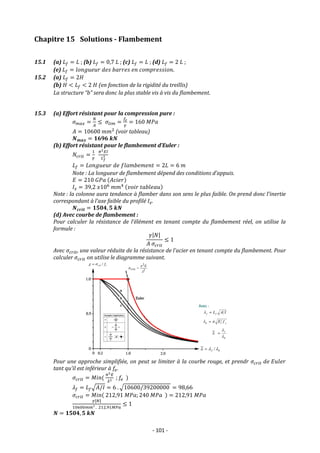 - 101 -
Chapitre 15 Solutions - Flambement
15.1 (a) 𝐿𝑓 = 𝐿 ; (b) 𝐿𝑓 = 0,7 𝐿 ; (c) 𝐿𝑓 = 𝐿 ; (d) 𝐿𝑓 = 2 𝐿 ;
(e) 𝐿𝑓 = 𝑙𝑜𝑛𝑔𝑢𝑒𝑢𝑟 𝑑𝑒𝑠 𝑏𝑎𝑟𝑟𝑒𝑠 𝑒𝑛 𝑐𝑜𝑚𝑝𝑟𝑒𝑠𝑠𝑖𝑜𝑛.
15.2 (a) 𝐿𝑓 = 2𝐻
(b) 𝐻 < 𝐿𝑓 < 2 𝐻 (en fonction de la rigidité du treillis)
La structure “b” sera donc la plus stable vis à vis du flambement.
15.3 (a) Effort résistant pour la compression pure :
𝜎𝑚𝑎𝑥 =
𝑁
𝐴
≤ 𝜎𝑙𝑖𝑚 =
𝑓𝑒
𝛾
= 160 𝑀𝑃𝑎
𝐴 = 10600 𝑚𝑚2
(voir tableau)
𝑵𝒎𝒂𝒙 = 𝟏𝟔𝟗𝟔 𝒌𝑵
(b) Effort résistant pour le flambement d’Euler :
𝑁𝑐𝑟𝑖𝑡 =
1
𝛾
𝜋2𝐸𝐼
𝐿𝑓
2
𝐿𝑓 = 𝐿𝑜𝑛𝑔𝑢𝑒𝑢𝑟 𝑑𝑒 𝑓𝑙𝑎𝑚𝑏𝑒𝑚𝑒𝑛𝑡 = 2𝐿 = 6 𝑚
Note : La longueur de flambement dépend des conditions d’appuis.
𝐸 = 210 𝐺𝑃𝑎 (𝐴𝑐𝑖𝑒𝑟)
𝐼𝑧 = 39,2 𝑥106
𝑚𝑚4 (𝑣𝑜𝑖𝑟 𝑡𝑎𝑏𝑙𝑒𝑎𝑢)
Note : la colonne aura tendance à flamber dans son sens le plus faible. On prend donc l’inertie
correspondant à l’axe faible du profilé 𝐼𝑧.
𝑵𝒄𝒓𝒊𝒕 = 𝟏𝟓𝟎𝟒, 𝟓 𝒌𝑵
(d) Avec courbe de flambement :
Pour calculer la résistance de l’élément en tenant compte du flambement réel, on utilise la
formule :
𝛾|𝑁|
𝐴 𝜎𝑐𝑟𝑖𝑡
≤ 1
Avec 𝜎𝑐𝑟𝑖𝑡, une valeur réduite de la résistance de l’acier en tenant compte du flambement. Pour
calculer 𝜎𝑐𝑟𝑖𝑡 on utilise le diagramme suivant.
Pour une approche simplifiée, on peut se limiter à la courbe rouge, et prendr 𝜎𝑐𝑟𝑖𝑡 𝑑𝑒 𝐸𝑢𝑙𝑒𝑟
tant qu’il est inférieur à 𝑓𝑒.
𝜎𝑐𝑟𝑖𝑡 = 𝑀𝑖𝑛(
𝜋2𝐸
𝜆2 ; 𝑓𝑒 )
𝜆𝑓 = 𝐿𝑓√𝐴/𝐼 = 6 . √10600/39200000 = 98,66
𝜎𝑐𝑟𝑖𝑡 = 𝑀𝑖𝑛( 212,91 𝑀𝑃𝑎; 240 𝑀𝑃𝑎 ) = 212,91 𝑀𝑃𝑎
𝛾|𝑁|
10600𝑚𝑚² . 212,91𝑀𝑃𝑎
≤ 1
𝑵 = 𝟏𝟓𝟎𝟒, 𝟓 𝒌𝑵
 