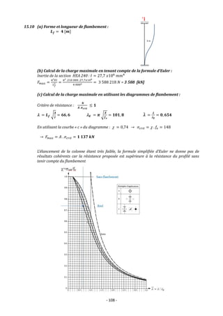 - 108 -
15.10 (a) Forme et longueur de flambement :
𝑳𝒇 = 𝟒 [𝒎]
(b) Calcul de la charge maximale en tenant compte de la formule d’Euler :
Inertie de la section HEA 240 : 𝐼 = 27,7 𝑥106
𝑚𝑚4
𝐹𝑚𝑎𝑥 =
𝜋²𝐸𝐼
𝐿𝑓
2 =
𝜋² .210 000 .27,7𝑥106
4 0002 = 3 588 218 𝑁 = 3 588 [kN]
(c) Calcul de la charge maximale en utilisant les diagrammes de flambement :
Critère de résistance :
𝑵
𝑨 .𝝈𝒄𝒓𝒊𝒕
≤ 𝟏
 = 𝑳𝒇 √
𝑨
𝑰
= 𝟔𝟔, 𝟔 𝑬 = 𝝅 √
𝑬
𝒇𝒆
= 𝟏𝟎𝟏, 𝟖 
̅ =

𝑬
= 𝟎, 𝟔𝟓𝟒
En utilisant la courbe « c » du diagramme :  = 0,74 → 𝜎𝑐𝑟𝑖𝑡 =  . 𝑓𝑒 = 148
→ 𝐹𝑚𝑎𝑥 = 𝐴 . 𝜎𝑐𝑟𝑖𝑡 = 𝟏 𝟏𝟑𝟕 𝒌𝑵
L’élancement de la colonne étant très faible, la formule simplifiée d’Euler ne donne pas de
résultats cohérents car la résistance proposée est supérieure à la résistance du profilé sans
tenir compte du flambement
 