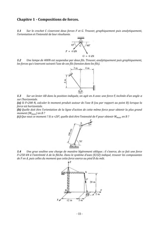 - 15 -
Chapitre 1 - Compositions de forces.
1.1 Sur le crochet C s’exercent deux forces F et G. Trouver, graphiquement puis analytiquement,
l’orientation et l’intensité de leur résultante.
1.2 Une lampe de 400N est suspendue par deux fils. Trouver, analytiquement puis graphiquement,
les forces qui s’exercent suivant l’axe de ces fils (tension dans les fils).
1.3 Sur un levier AB dans la position indiquée, on agit en A avec une force F, inclinée d’un angle α
sur l’horizontale.
(a) Si F=200 N, calculer le moment produit autour de l’axe B (ou par rapport au point B) lorsque la
force est horizontale.
(b) Quelle doit être l’orientation de la ligne d’action de cette même force pour obtenir la plus grand
moment (𝑀𝑚𝑎𝑥) en B ?
(c) Que vaut ce moment ? Si α =20°, quelle doit être l’intensité de F pour obtenir 𝑀𝑚𝑎𝑥 en B ?
1.4 Une grue soulève une charge de manière légèrement oblique ; il s’exerce, de ce fait une force
F=250 kN à l’extrémité A de la flèche. Dans le système d’axes (X,Y,Z) indiqué, trouver les composantes
de F en A, puis celles du moment que cette force exerce au pied B du mât.
 