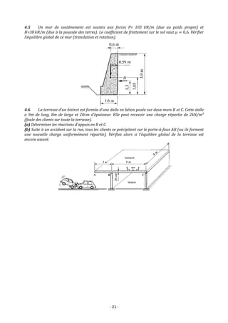 - 21 -
4.5 Un mur de soutènement est soumis aux forces P= 103 kN/m (due au poids propre) et
H=38 kN/m (due à la poussée des terres). Le coefficient de frottement sur le sol vaut 𝜇 = 0,6. Vérifier
l’équilibre global de ce mur (translation et rotation).
4.6 La terrasse d’un bistrot est formée d’une dalle en béton posée sur deux murs B et C. Cette dalle
a 9m de long, 8m de large et 20cm d’épaisseur. Elle peut recevoir une charge répartie de 2kN/m²
(foule des clients sur toute la terrasse).
(a) Déterminer les réactions d’appuis en B et C.
(b) Suite à un accident sur la rue, tous les clients se précipitent sur le porte-à-faux AB (ou ils forment
une nouvelle charge uniformément répartie). Vérifiez alors si l’équilibre global de la terrasse est
encore assuré.
 