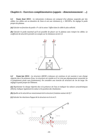 - 23 -
Chapitre 6 - Exercices complémentaires (appuis – dimensionnement - …)
6.1 Exam Aout 2014 - Le mécanisme ci-dessous est composé d’un plateau suspendu par des
câbles. Les câbles ont un diamètre de 3mm et ont une résistance 𝑓𝑒 = 300 𝑀𝑃𝑎. On néglige le poids
propre du plateau.
(a) Calculer en fonction du poids « P » de la caisse l’effort dans le câble le plus sollicité.
(b) Calculer le poids maximal qu’il est possible de placer sur le plateau sans rompre les câbles. Le
coefficient de sécurité à prendre en compte sur la résistance est de 1,5.
6.2 Exam Jan 2014 - La structure ABCDE ci-dessous est continue et est soumise à une charge
répartie due à la présence d’eau. La structure est rotulée en E et n’est pas physiquement connectée en
A (simplement posée sans frottements). On considère une tranche de structure de 1m de large. On
néglige le poids propre de l’élément.
(a) Représenter la charge répartie due à la présence de l’eau et indiquer les valeurs caractéristiques
(kN/m). Indiquer également la valeur et la position des résultantes :
(b) Quelle est la sécurité au renversement de la structure (rotation autour de E) ?
(c) Calculer les réactions d’appui de la structure en A et en E :
 